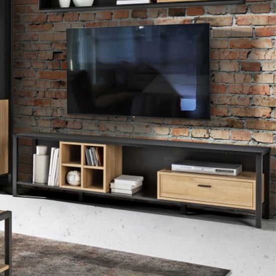 Product photograph of Harbor Wooden Tv Stand Wide In Matt Black And Riviera Oak from Furniture in Fashion