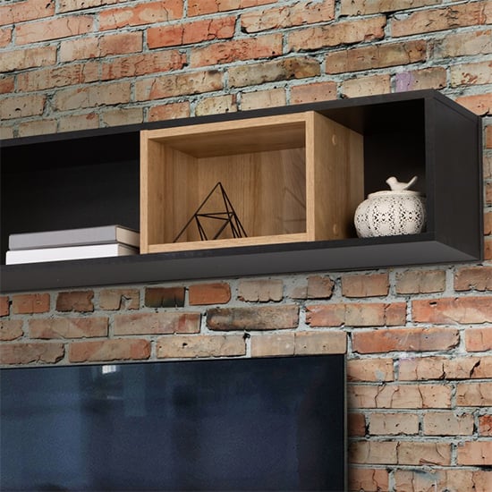 Harbor Wooden Wall Shelf In Matt Black And Oak