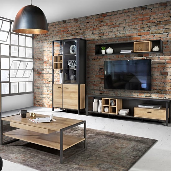 Harbor Wooden Wall Shelf In Matt Black And Oak