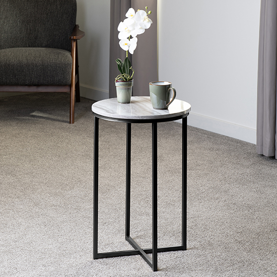 Read more about Hargrove side table in white marble effect with black frame