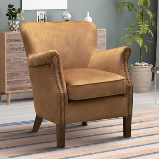 Read more about Harlow velvet upholstered vintage armchair in caramel