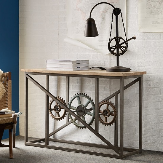 View Harlow console table in hardwood and reclaimed metal with wheel