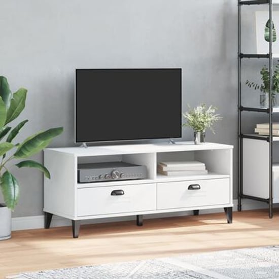 Read more about Harlow wooden tv stand with 2 drawers in white