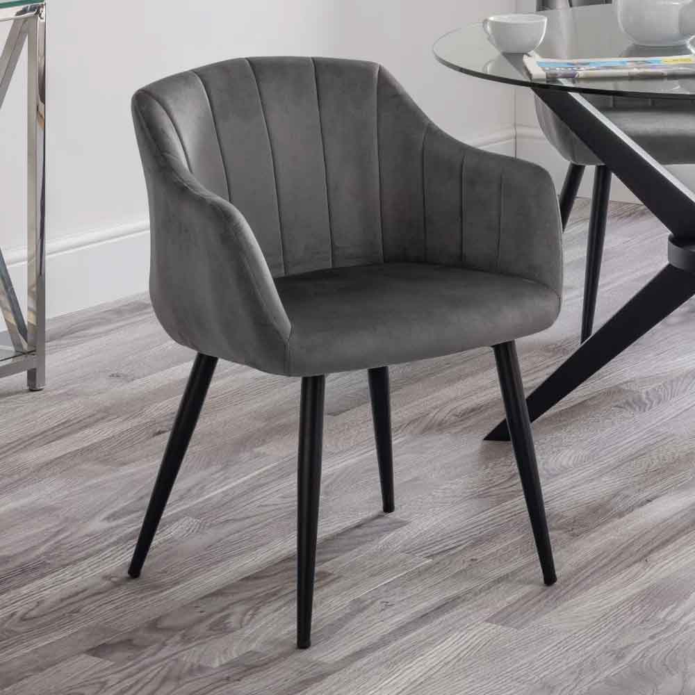Harnio Grey Velvet Dining Chairs with Black Legs in Pair