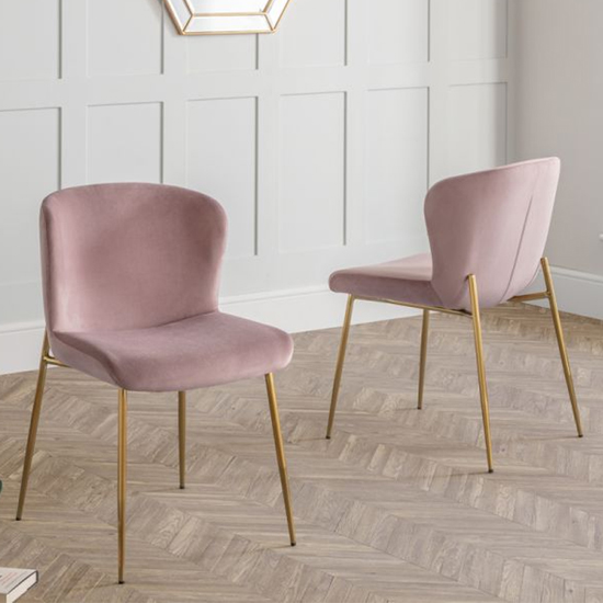 Product photograph of Haimi Pink Velvet Dining Chair With Gold Metal Legs In Pair from Furniture in Fashion