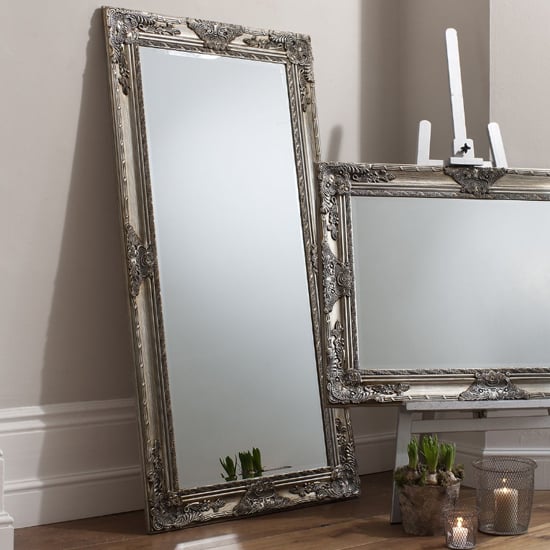 Photo of Harris bevelled leaner floor mirror in antique silver