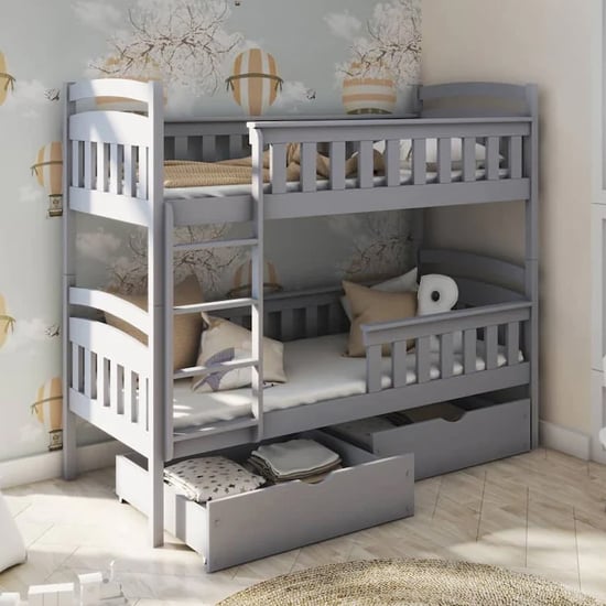 Photo of Harris bunk bed and trundle in grey with bonnell mattresses