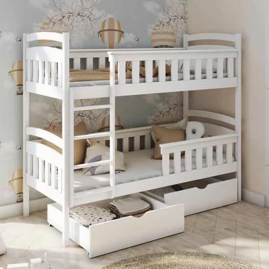 Photo of Harris bunk bed and trundle in white with bonnell mattresses
