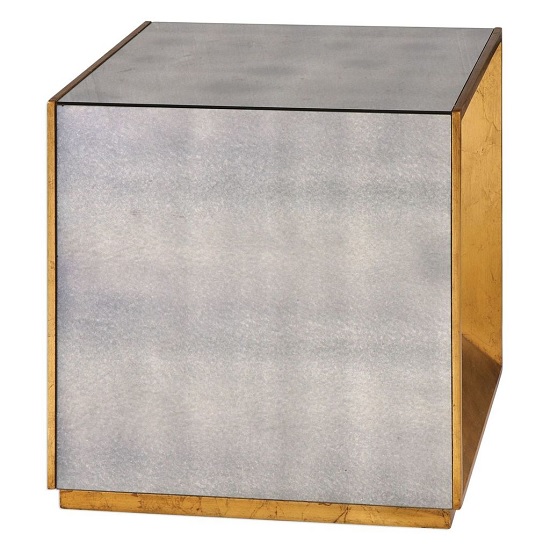 Harry Mirrored Cube Side Table In Antique Gold Leaf