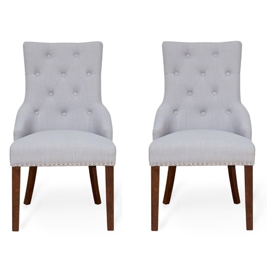 Read more about Harry grey fabric dining chairs with walnut legs in pair