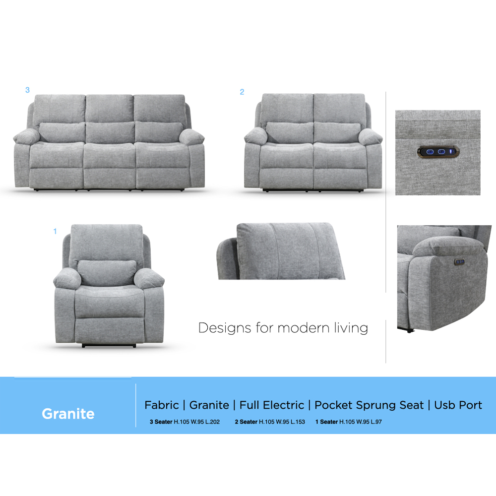 Harsel Fabric Electric Recliner 3+1+1 Seater Sofa in Granite