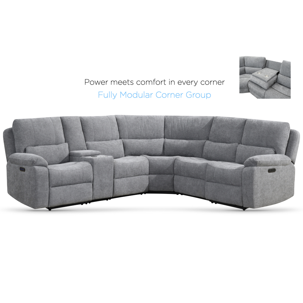 Harsel Fabric Electric Recliner Corner Sofa in Granite