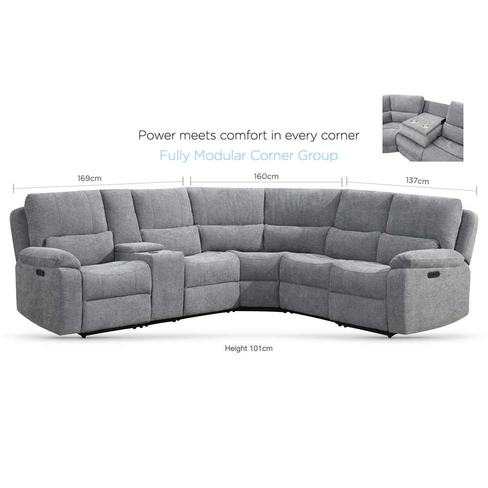 Harsel Fabric Electric Recliner Corner Sofa in Granite