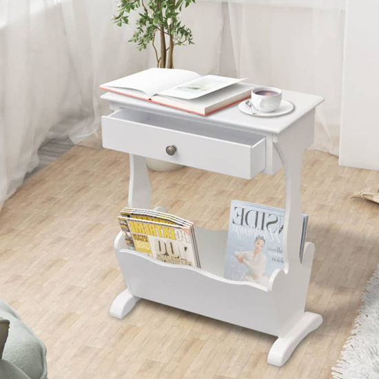 Read more about Hart wooden magazine rack with 1 drawer in white
