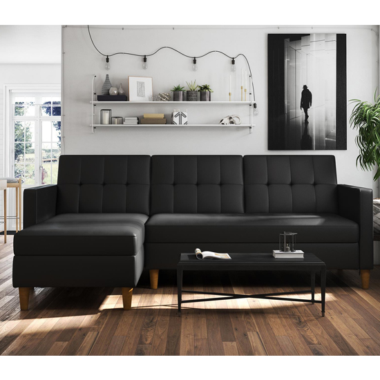 Hartford Faux Leather Storage Sectional Sofa Bed In Black FiF