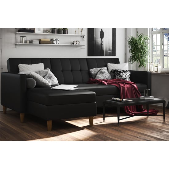 Product photograph of Hearthstone Faux Leather Storage Chaise Sofa Bed In Black from Furniture in Fashion