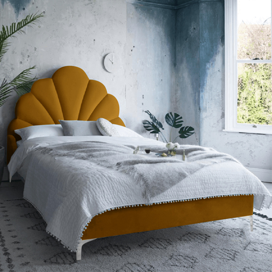 Hartington Plush Velvet Small Double Bed In Mustard Furniture in