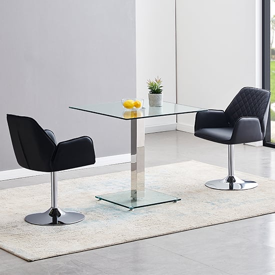 Read more about Hartley clear glass dining table with 2 bucketeer black chairs