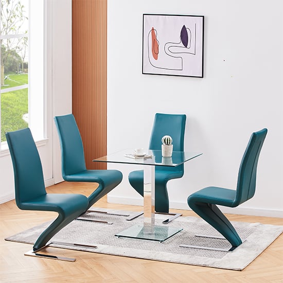 Product photograph of Hartley Clear Glass Dining Table With 4 Demi Z Teal Chairs from Furniture in Fashion