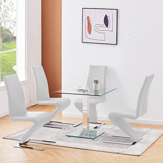 Read more about Hartley clear glass dining table with 4 demi z white chairs