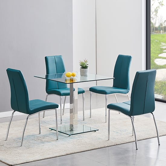 Product photograph of Hartley Clear Glass Dining Table With 4 Opal Teal Chairs from Furniture in Fashion