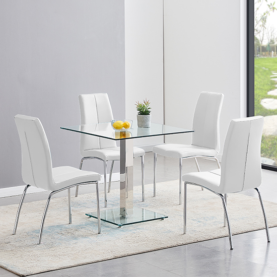 Photo of Hartley clear glass dining table with 4 opal white chairs