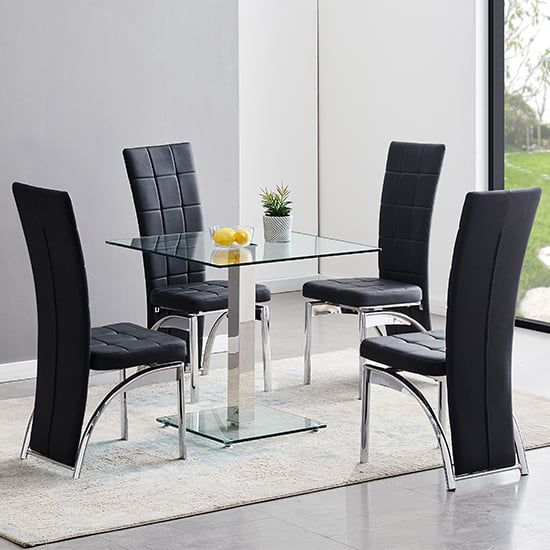 Product photograph of Hartley Clear Glass Dining Table With 4 Ravenna Black Chairs from Furniture in Fashion