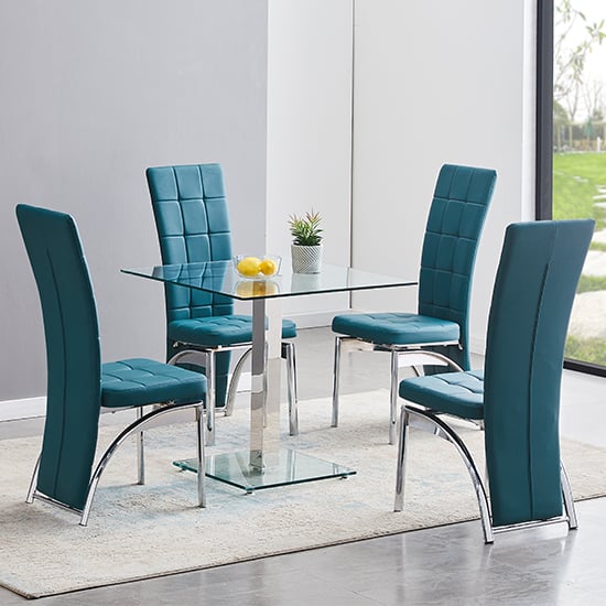 Read more about Hartley clear glass dining table with 4 ravenna teal chairs