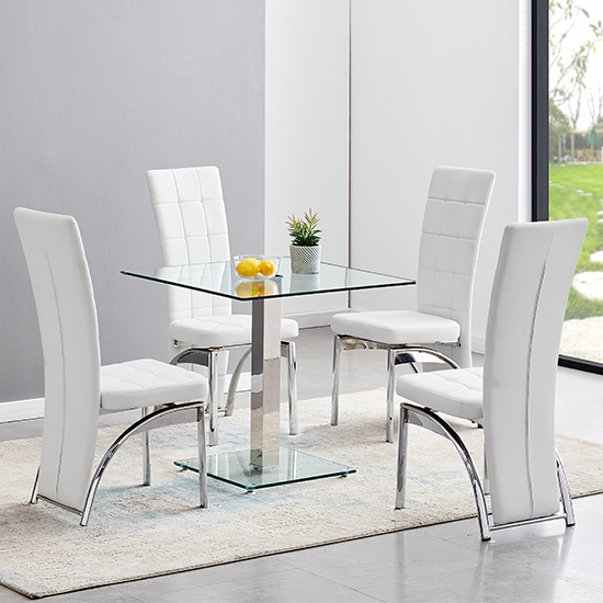 Photo of Hartley clear glass dining table with 4 ravenna white chairs