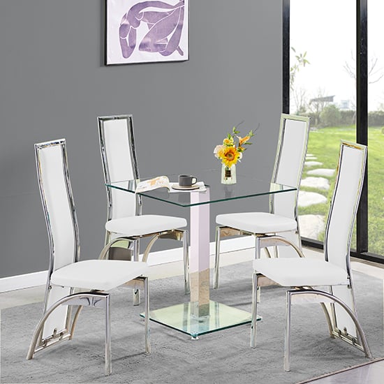 Hartley Clear Glass Dining Table With 4 Chicago White Chairs_1