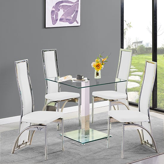 Photo of Hartley clear glass dining table with 4 chicago white chairs