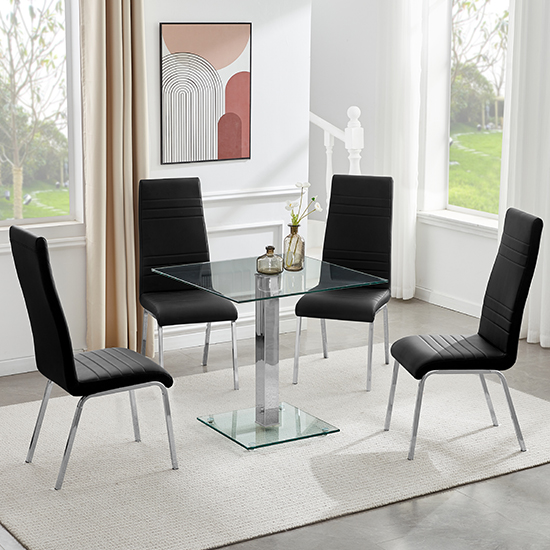 Product photograph of Hartley Clear Glass Dining Table With 4 Dora Black Chairs from Furniture in Fashion