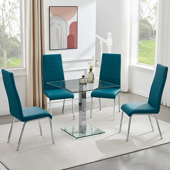 Hartley Clear Glass Dining Table With 4 Dora Teal Chairs_1