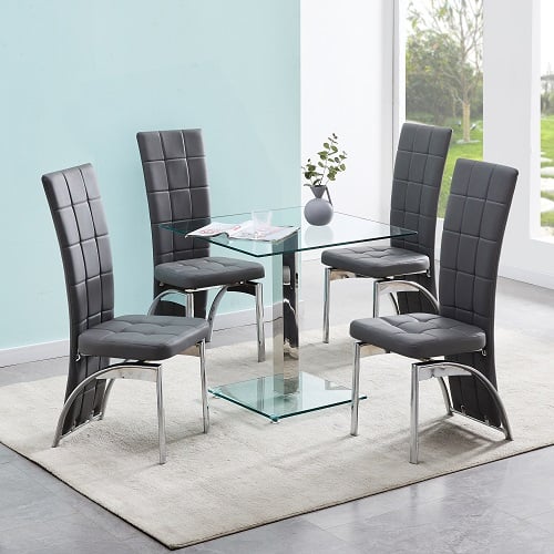 Hartley Clear Glass Dining Table With 4 Ravenna Grey Chairs_1