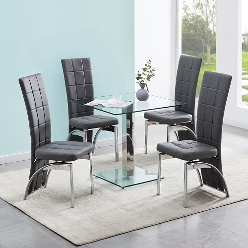 Photo of Hartley clear glass dining table with 4 ravenna grey chairs