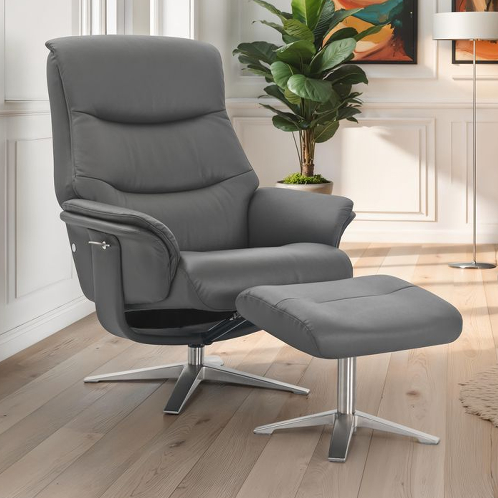 Haslet Leather Recliner Chair with Stool in Iron