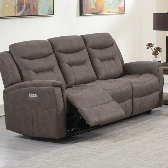 Product photograph of Hasselt Electric Fabric Recliner 3 Seater Sofa In Brown from Furniture in Fashion