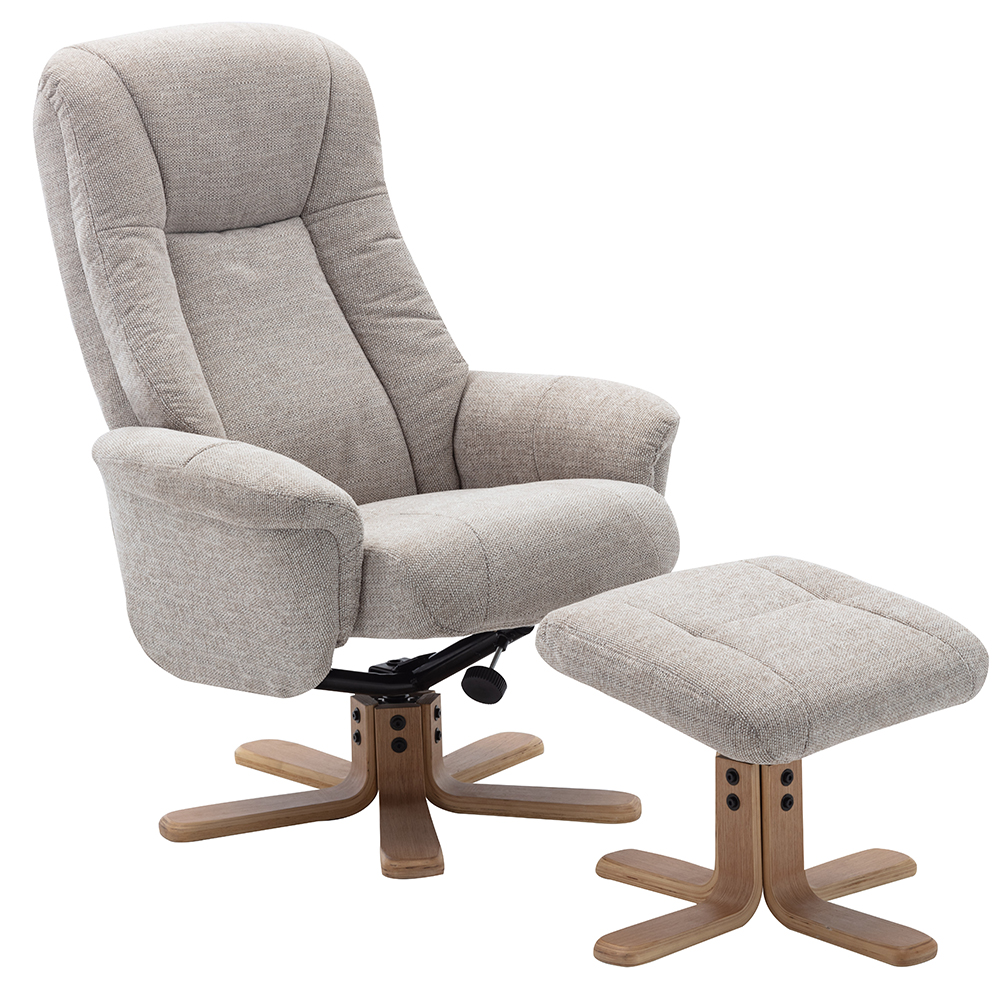Hatton Fabric Recliner Chair With Stool In Lille Sand And Oak