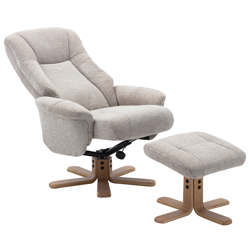 Hatton Fabric Recliner Chair With Stool In Lille Sand And Oak