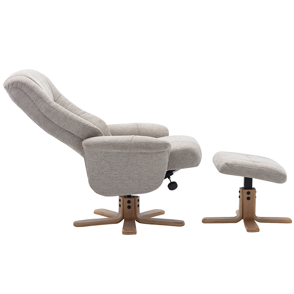 Hatton Fabric Recliner Chair With Stool In Lille Sand And Oak