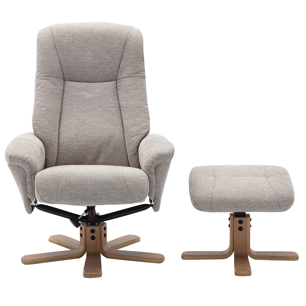 Hatton Fabric Recliner Chair With Stool In Lille Sand And Oak