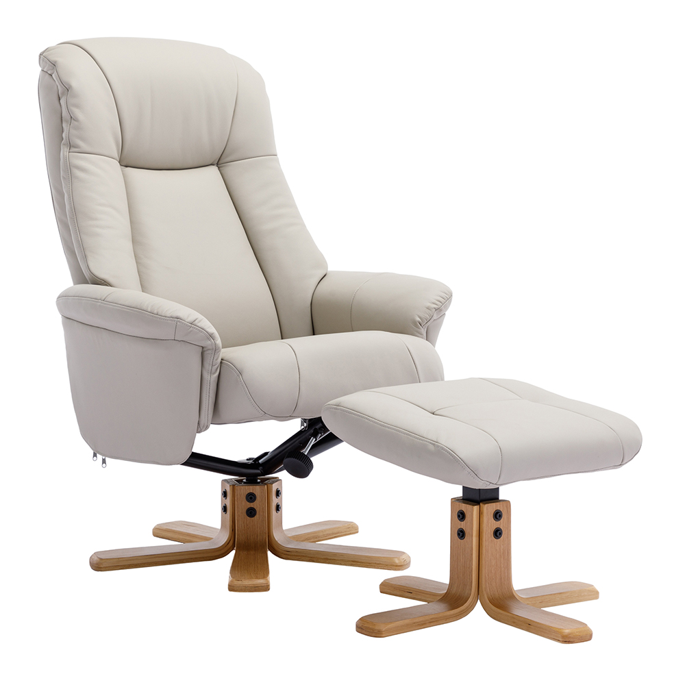 Hatton Leather Recliner Chair With Stool In Mushroom And Oak