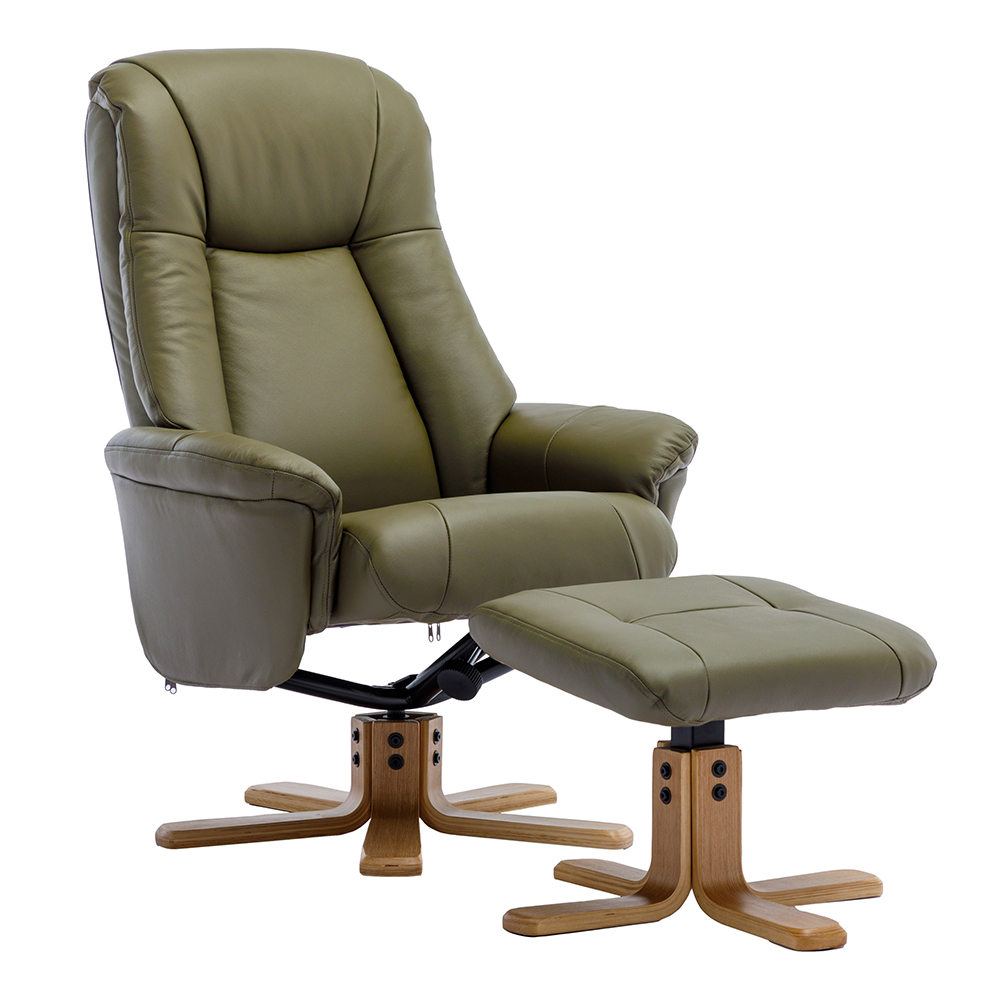 Hatton Leather Recliner Chair With Stool In Olive Green And Oak