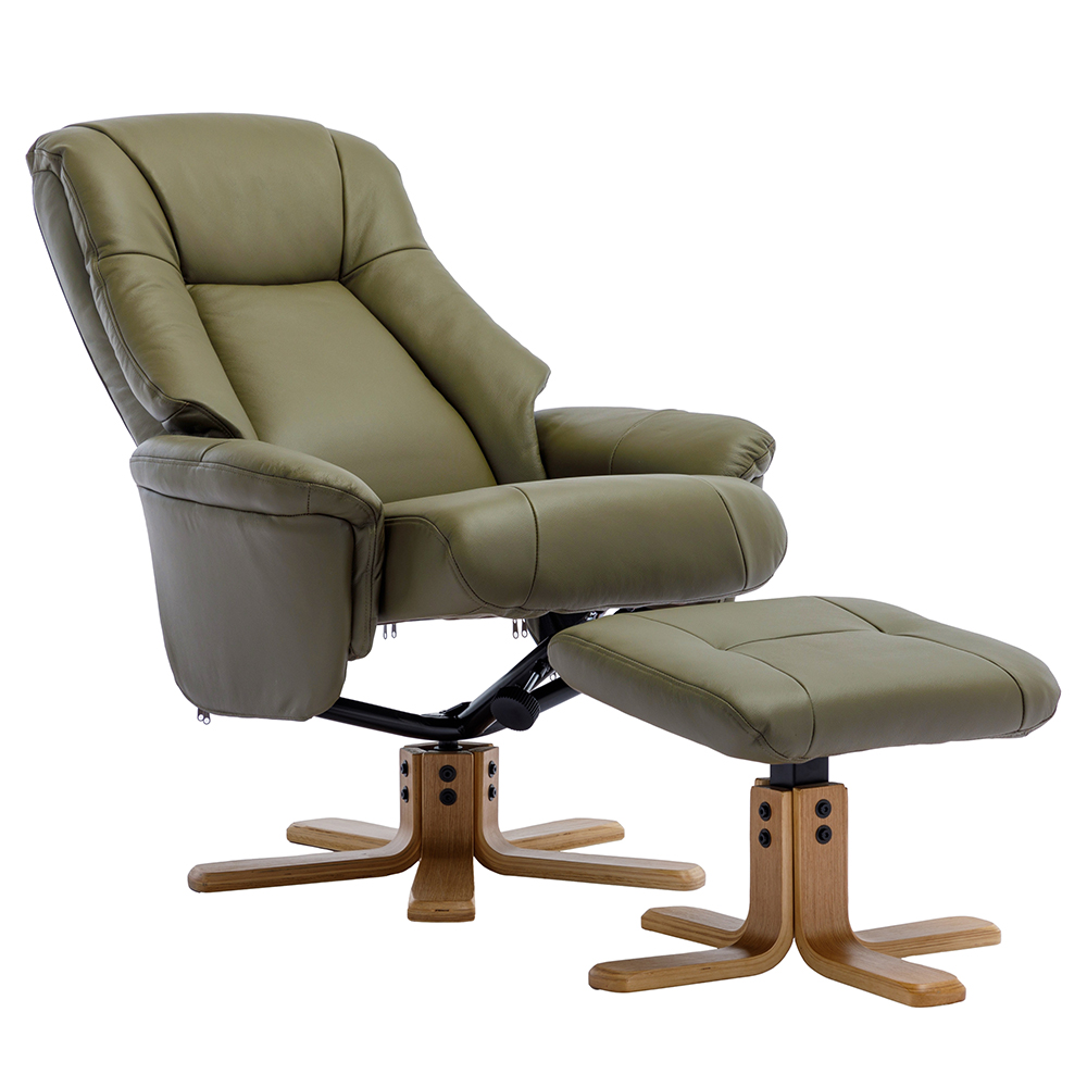 Hatton Leather Recliner Chair With Stool In Olive Green And Oak