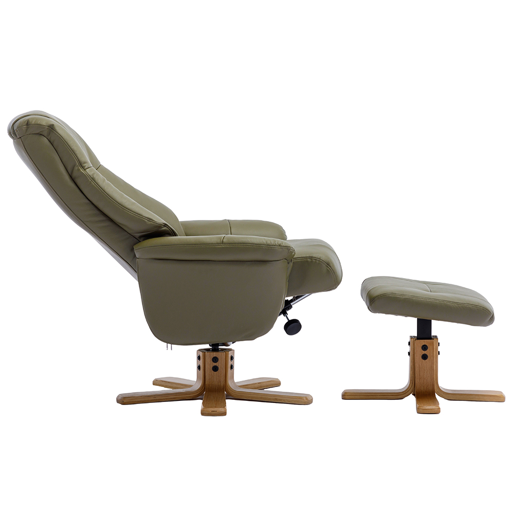Hatton Leather Recliner Chair With Stool In Olive Green And Oak