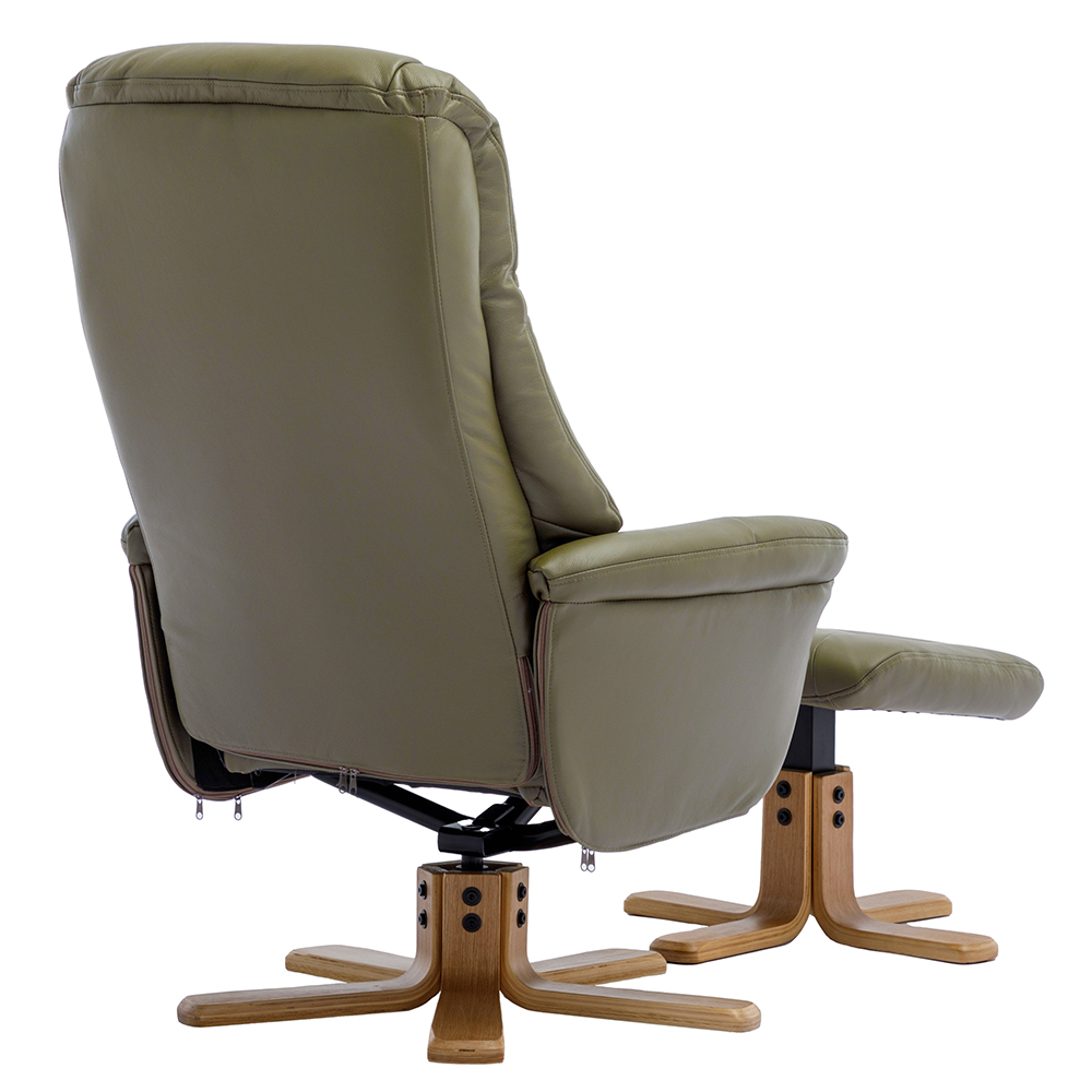 Hatton Leather Recliner Chair With Stool In Olive Green And Oak