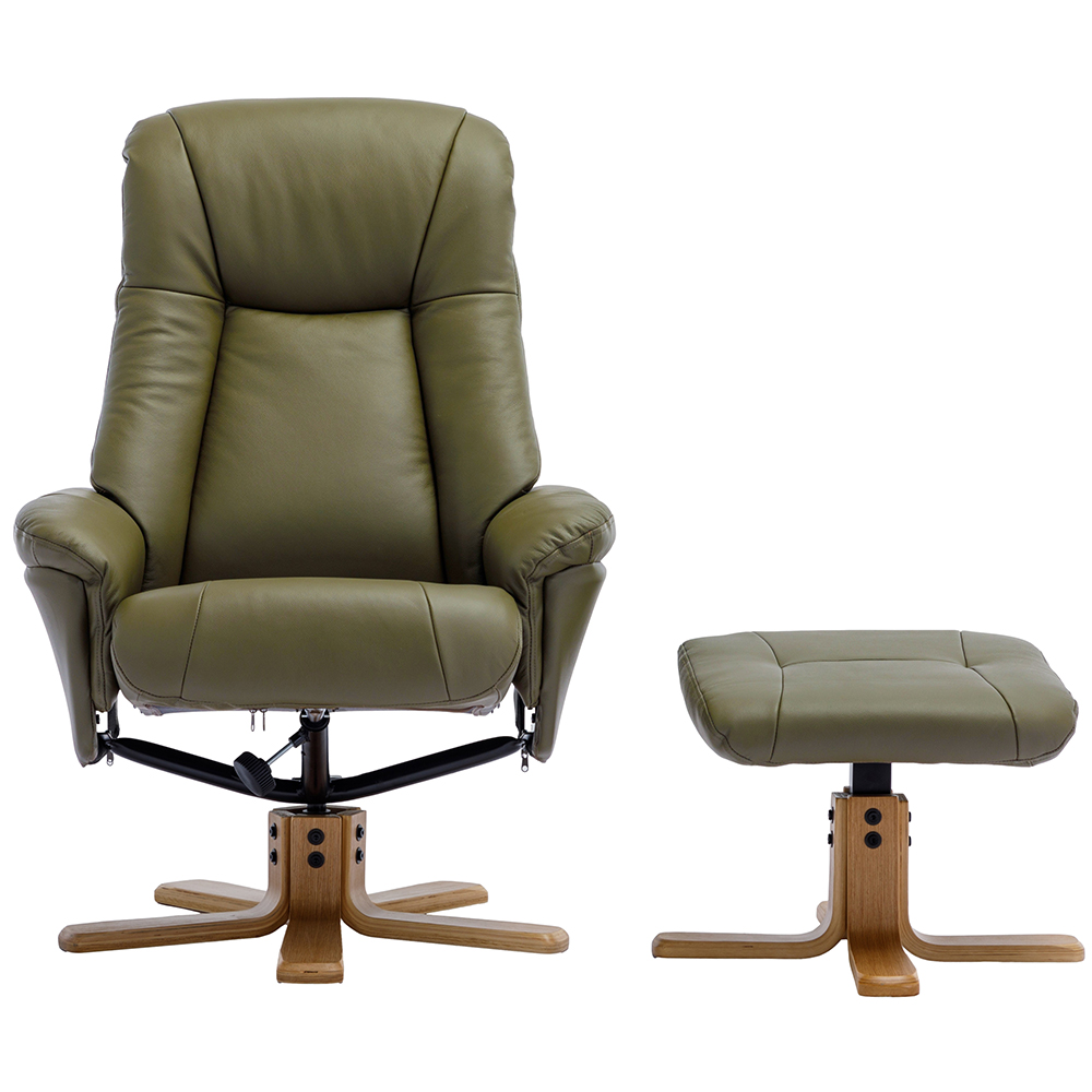 Hatton Leather Recliner Chair With Stool In Olive Green And Oak