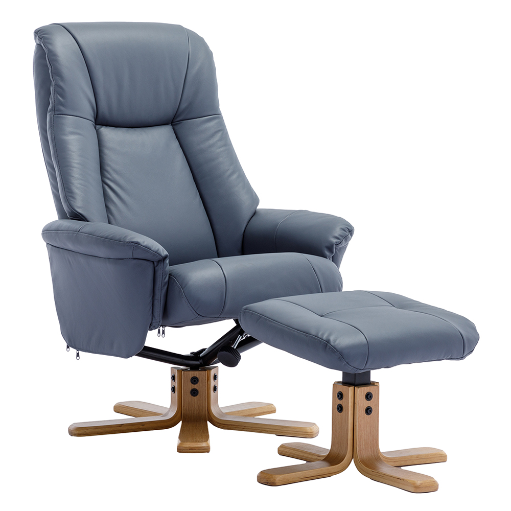 Hatton Leather Recliner Chair With Stool In Petrol Blue And Oak