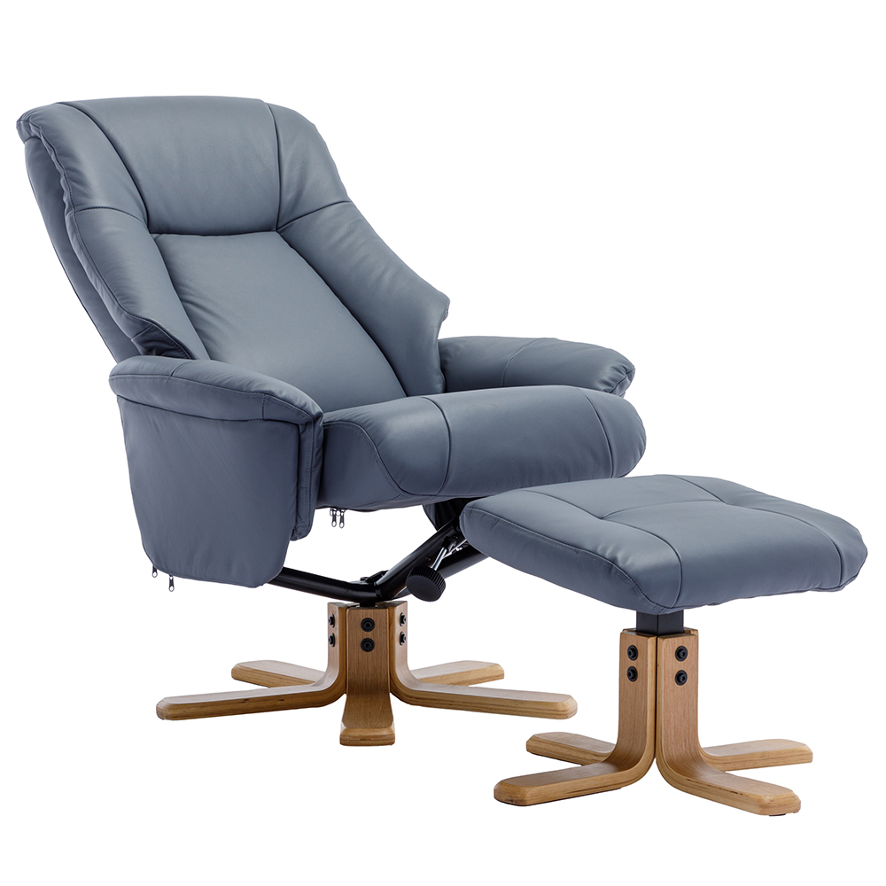 Hatton Leather Recliner Chair With Stool In Petrol Blue And Oak