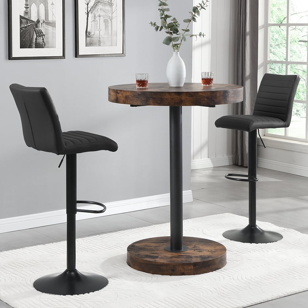Havana Rustic Oak Bar Table With Black Base 2 Ripple Black Stools